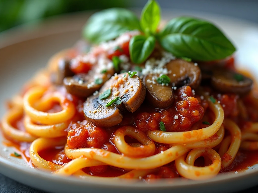 Mushroom marinara pasta garnished with fresh herbs
