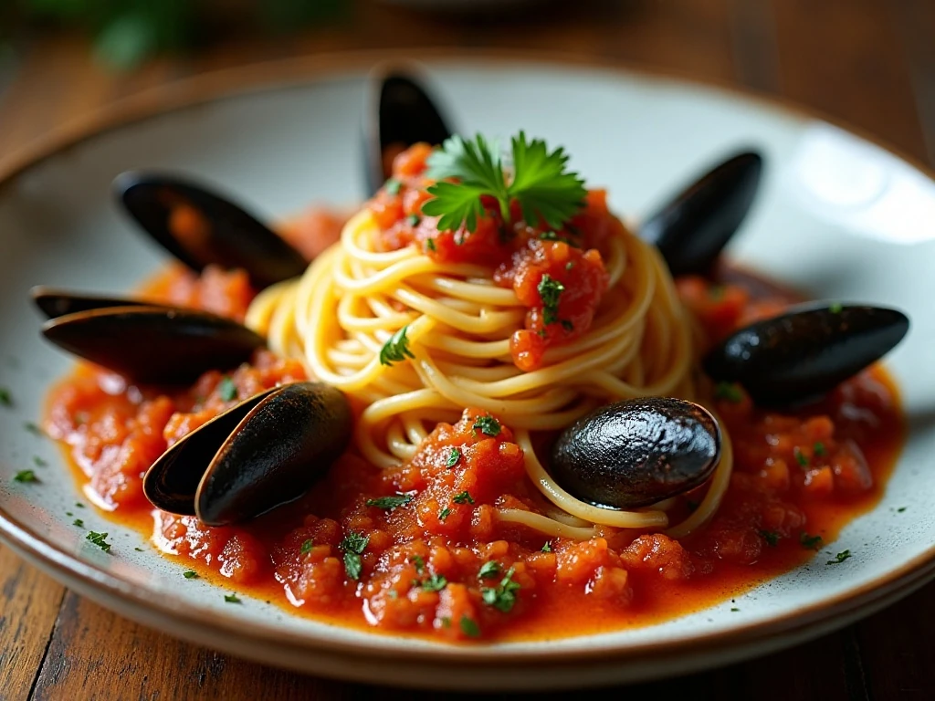 Bowl of mussel pasta with rich red tomato sauce and parsley