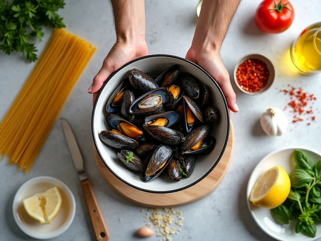 Ingredients for easy mussel pasta with red sauce