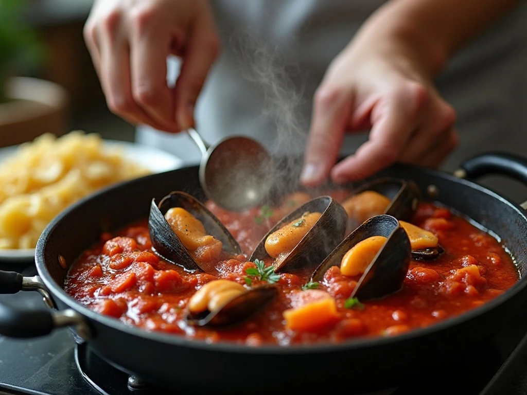 Mussels steaming in tomato and white wine sauce
