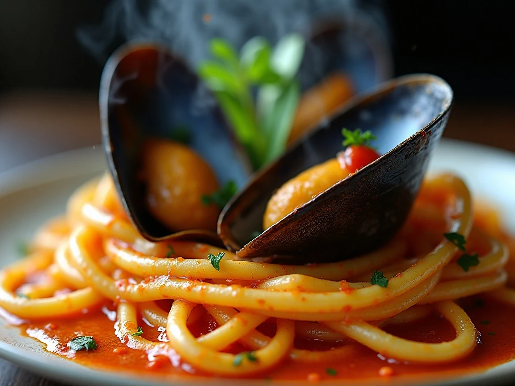 Close-up of tender mussels and glossy tomato-coated pasta
