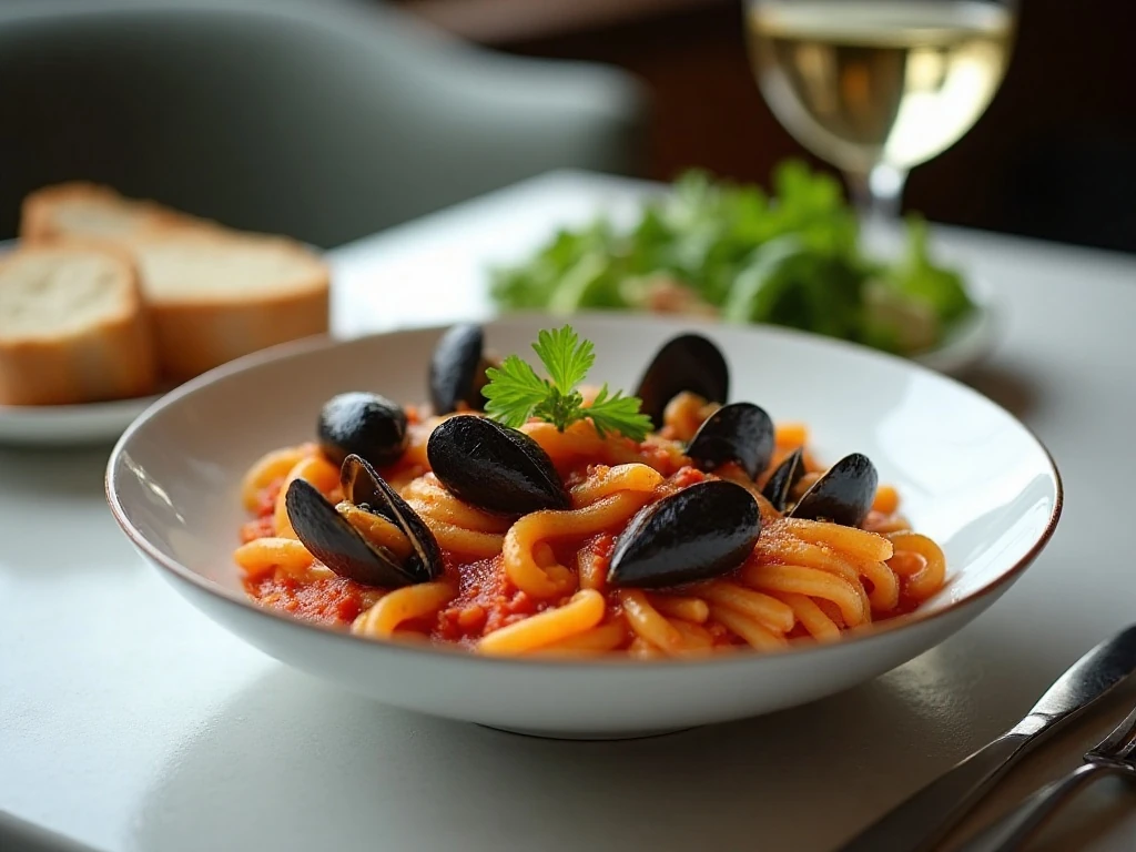 Mussel pasta dinner served with bread and salad