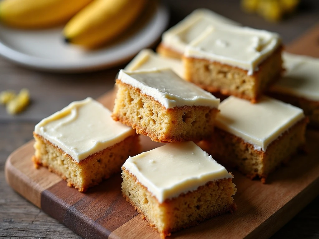 Moist banana cake squares with cream cheese frosting