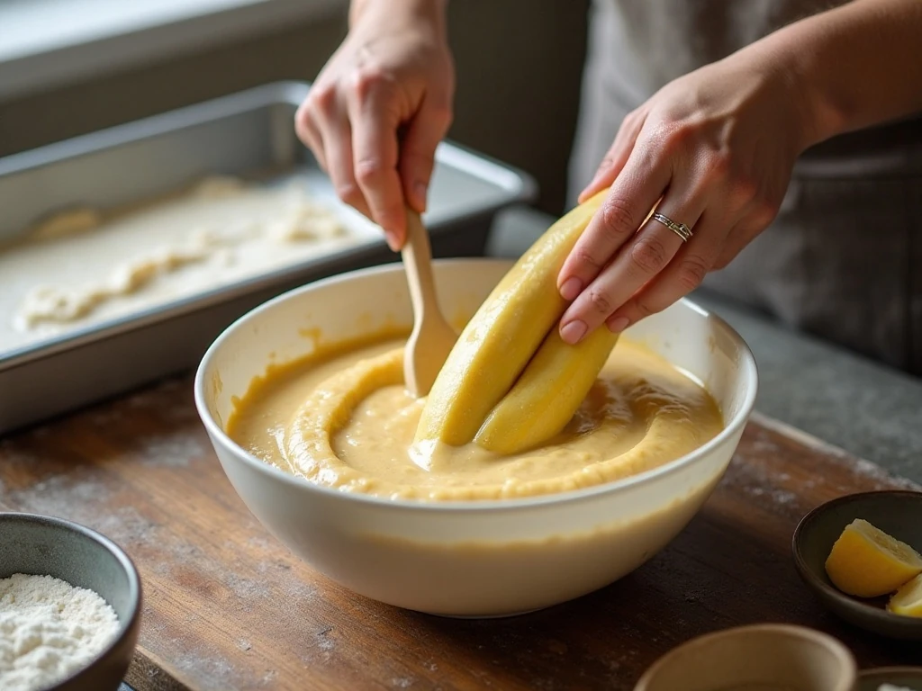 Folding mashed bananas into cake batter