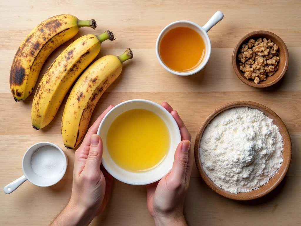 Ingredients for Nana's moist banana bread arranged on a countertop