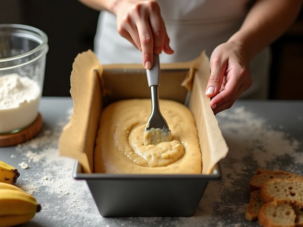 Banana bread batter being folded before baking