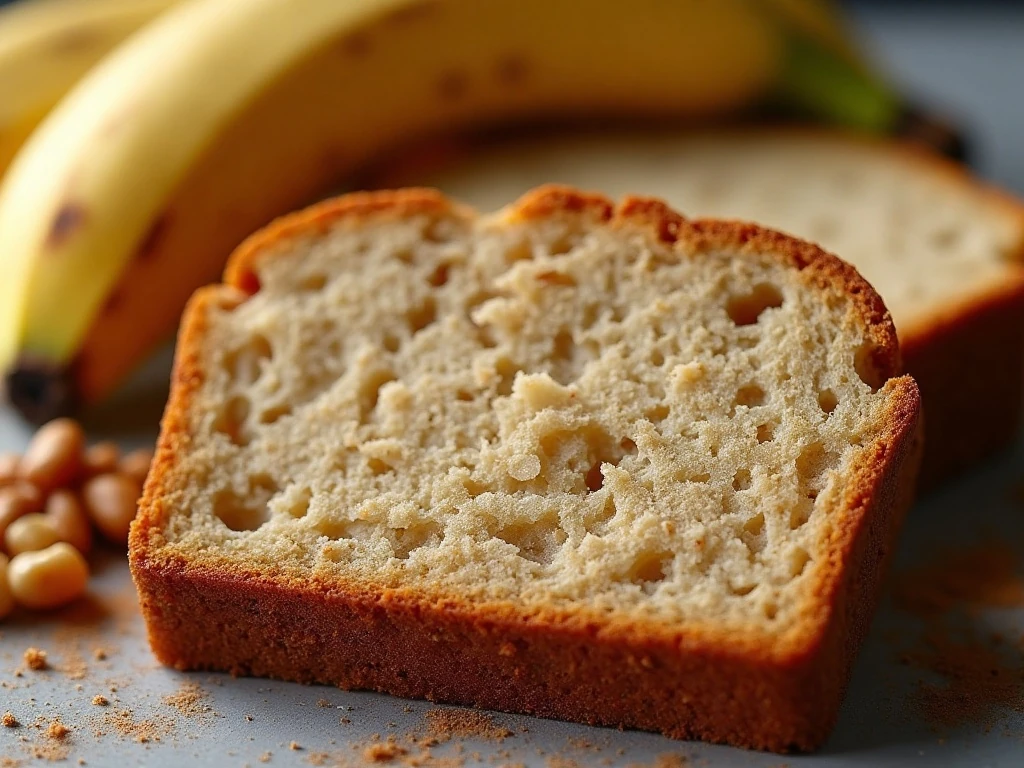 Close-up of moist banana bread crumb with walnuts and cinnamon