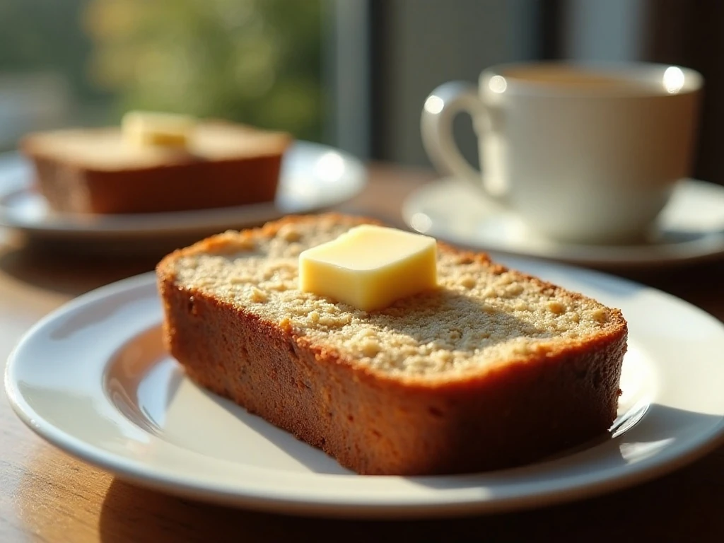Warm banana bread slice served with butter and coffee