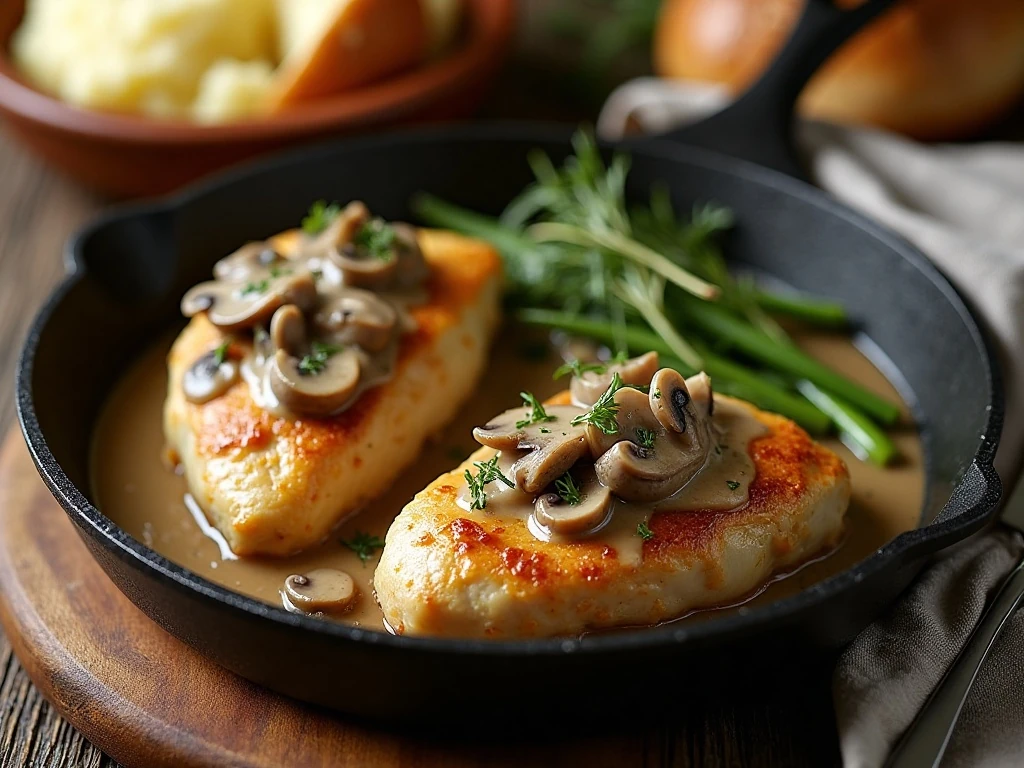 Golden Napa Valley chicken with creamy mushroom sauce served for dinner