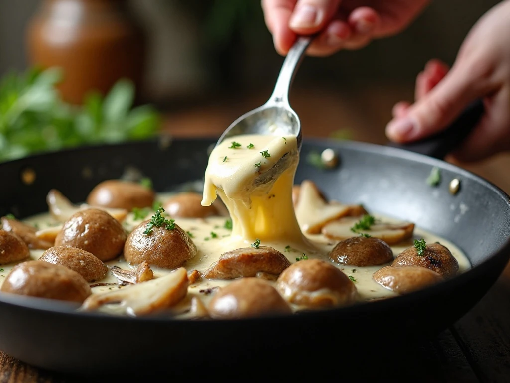 Creamy mushroom Parmesan sauce simmering for chicken