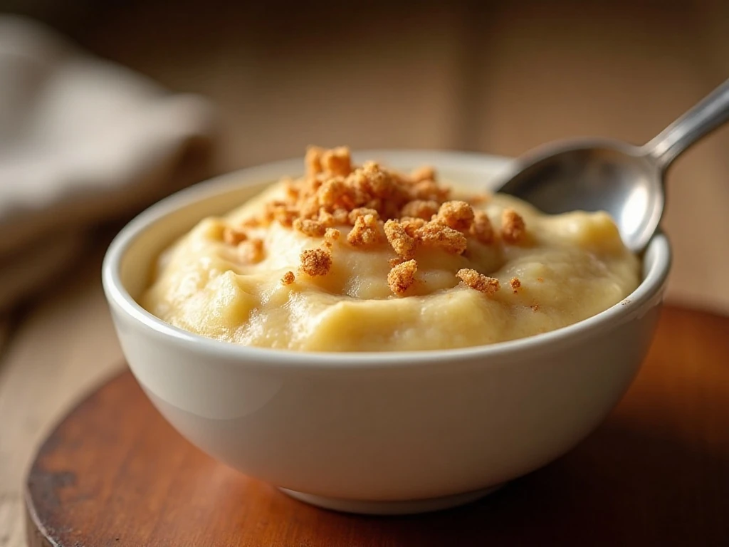 Close-up of creamy Grape-Nuts pudding with nutmeg