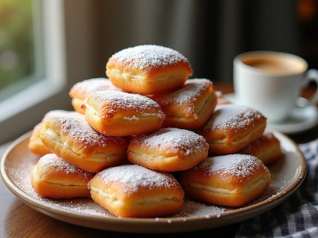 A platter of powdered-sugar-covered New Orleans beignets with coffee