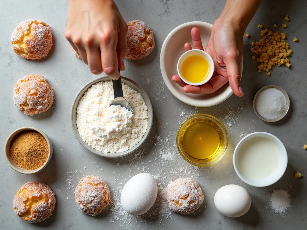 Ingredients for authentic New Orleans beignets arranged on a kitchen counter