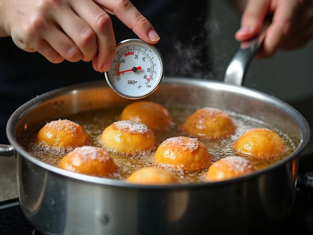 Beignets puffing while frying in oil at the correct temperature