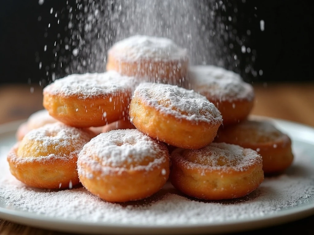 Powdered sugar being generously dusted over warm beignets