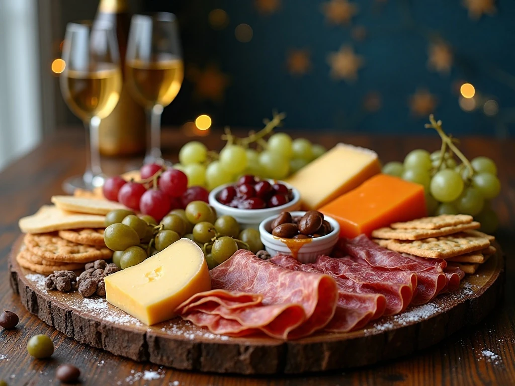 Colorful New Year's Eve snack board arranged for a party