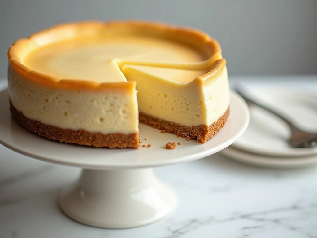 Tall classic New York cheesecake with a golden graham cracker crust