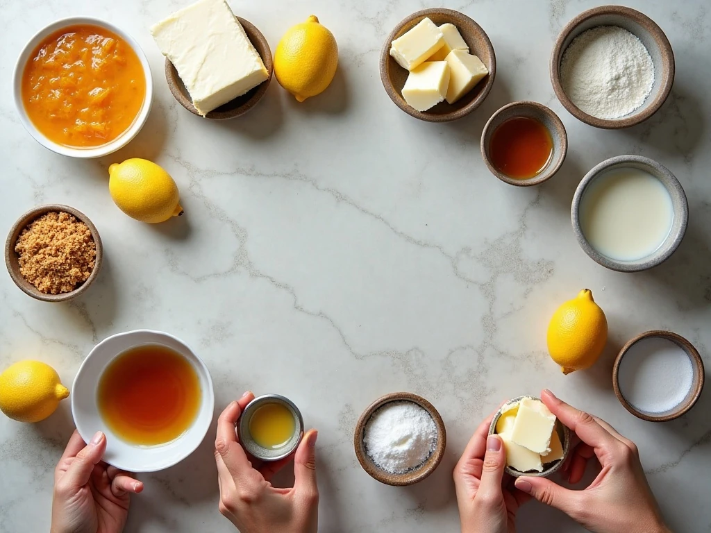 Ingredients for homemade New York cheesecake arranged on a counter