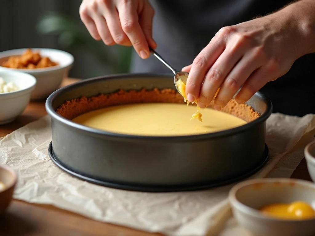 Pressing graham cracker crust into a springform pan for cheesecake