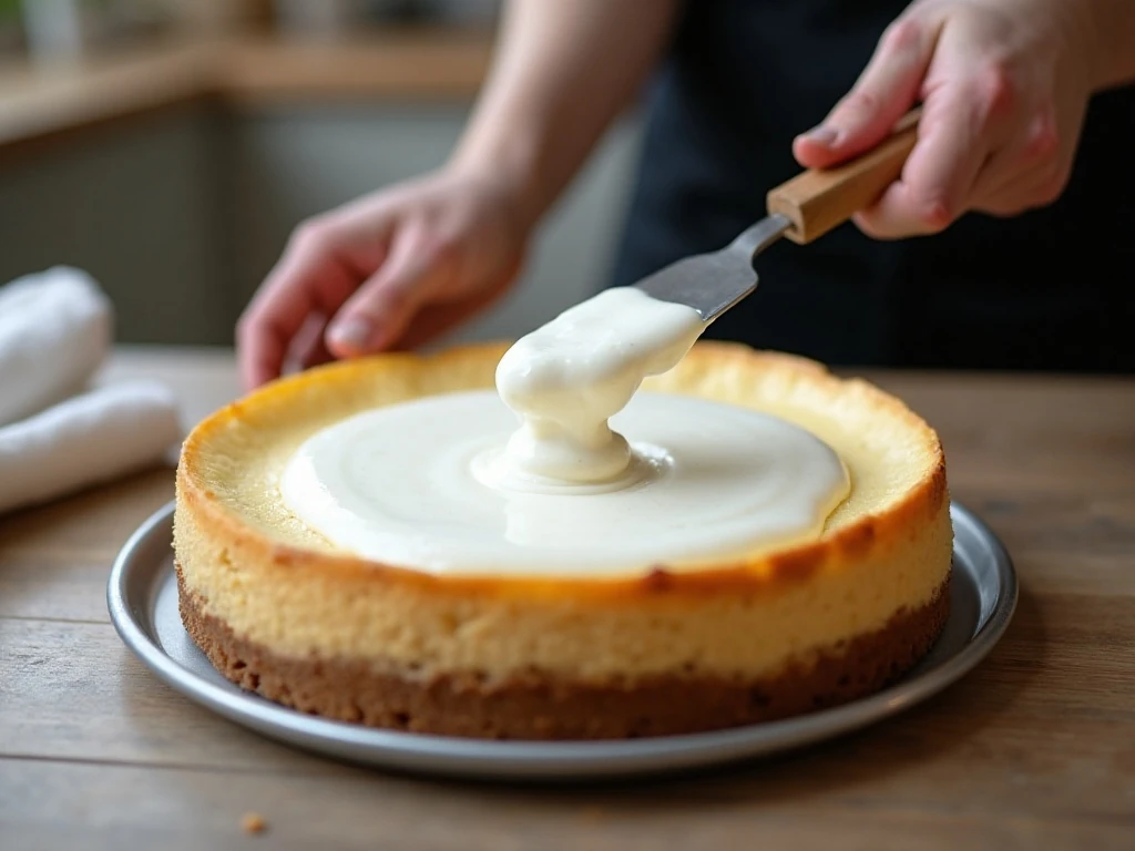 Spreading optional sour cream topping over New York cheesecake