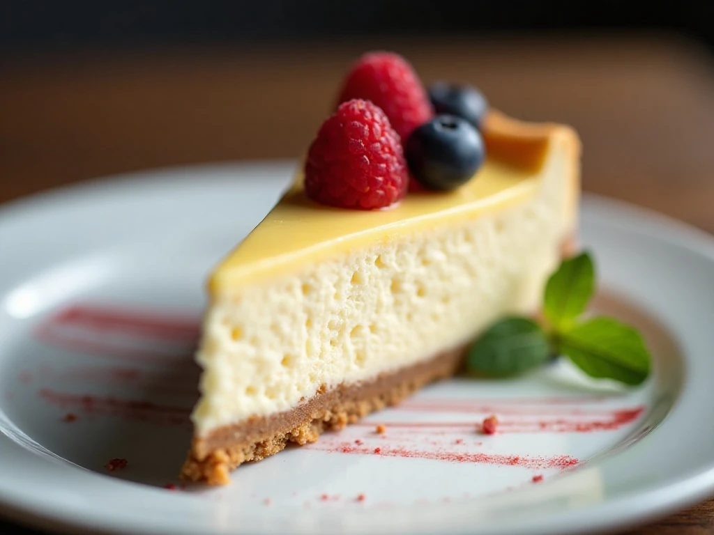 Cleanly sliced New York cheesecake served with berries