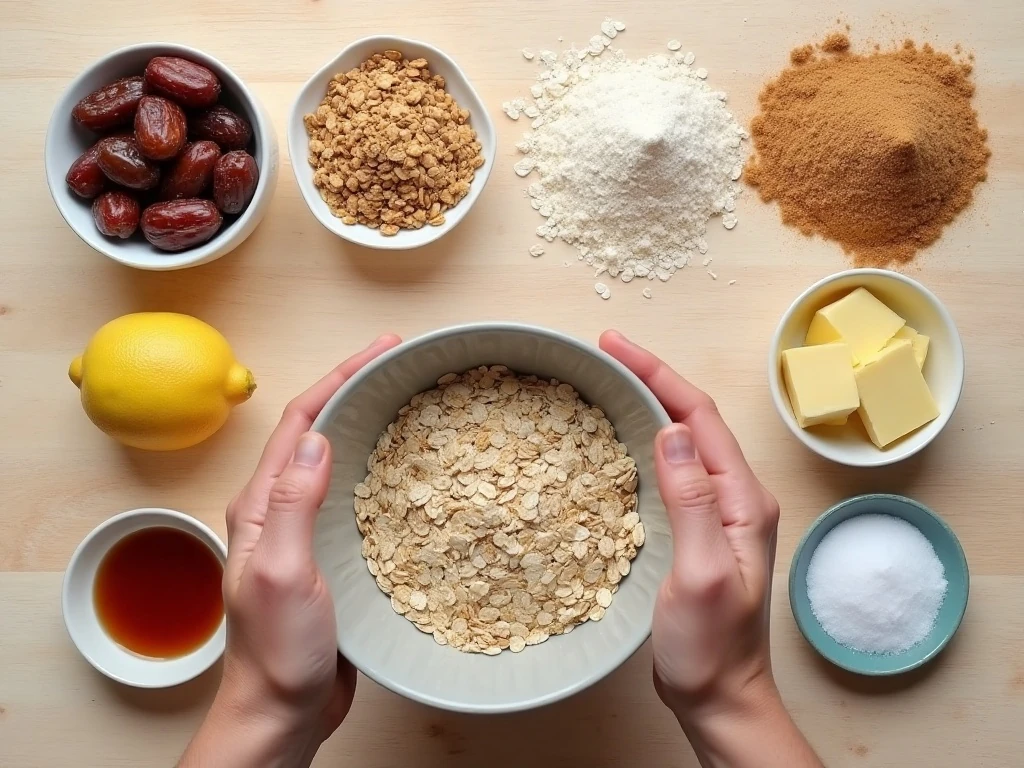 Ingredients for Newfoundland date crumbles arranged for baking