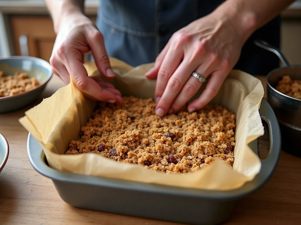 Preparing the oat crumble base in a parchment-lined baking pan