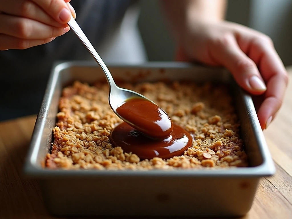 Spreadable date filling being layered over the crumble base