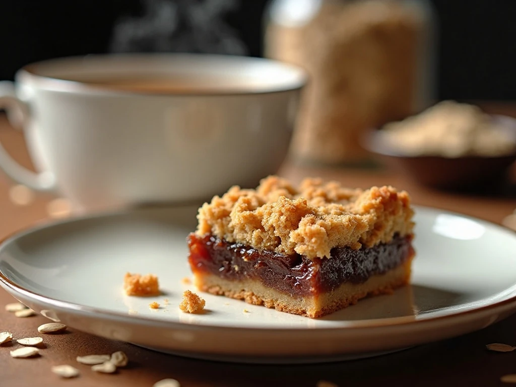 A date crumble square served with tea