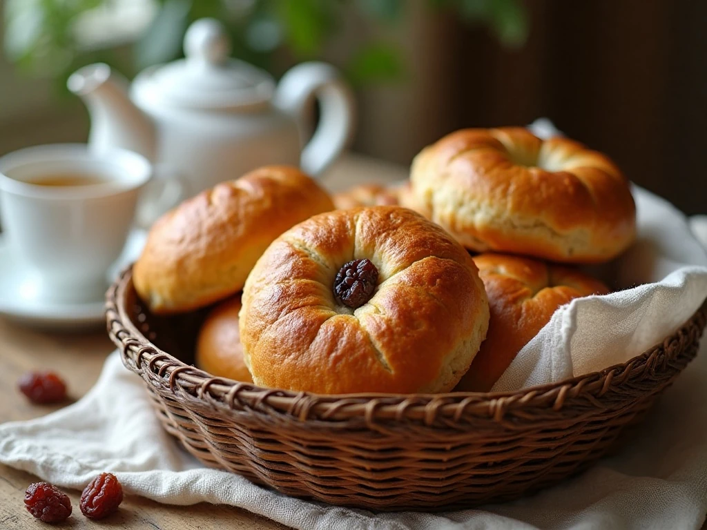 Basket of traditional Newfoundland raisin buns ready for tea