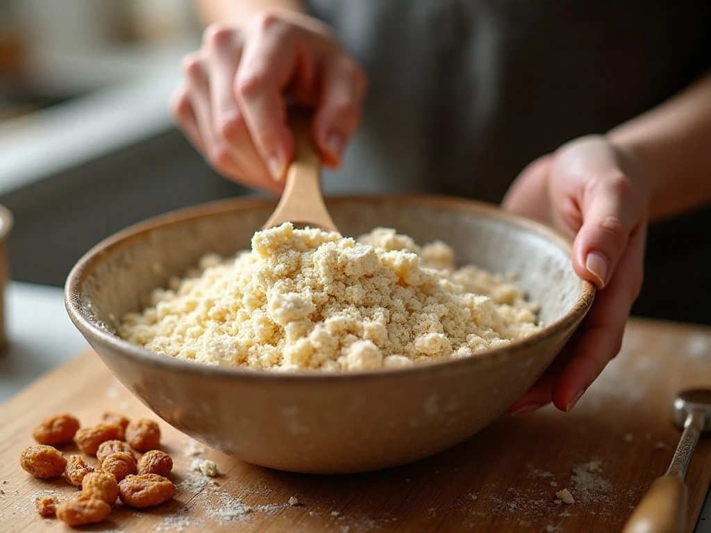 Mixing raisins into the flour mixture for raisin buns