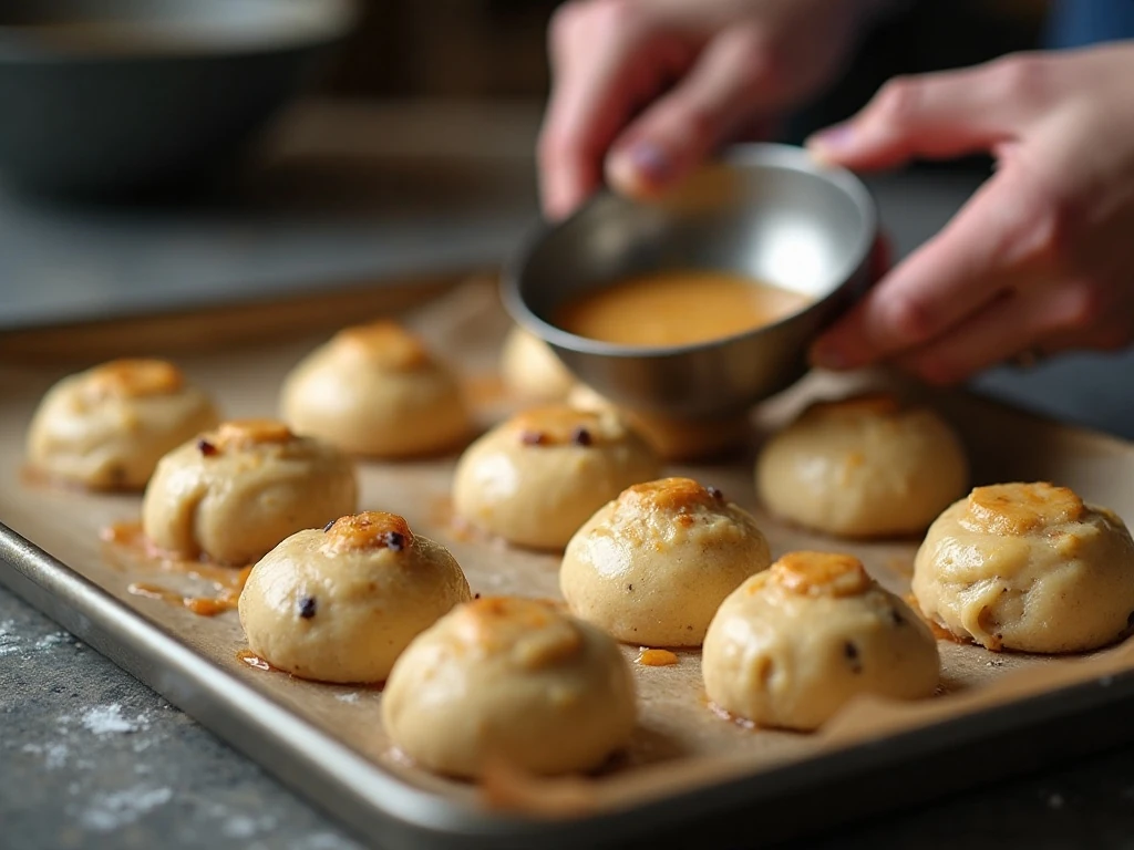 Rounded raisin bun dough portions on a baking sheet