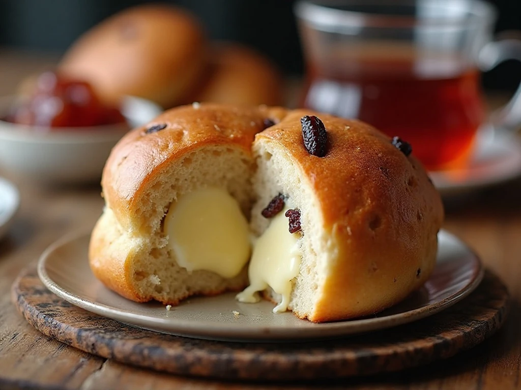 Warm Newfoundland raisin bun served with butter and tea