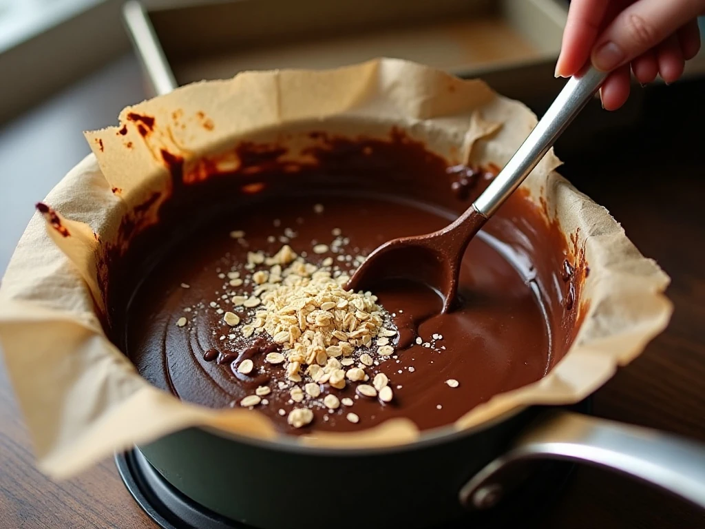 Chocolate oat and coconut mixture being stirred for snowballs