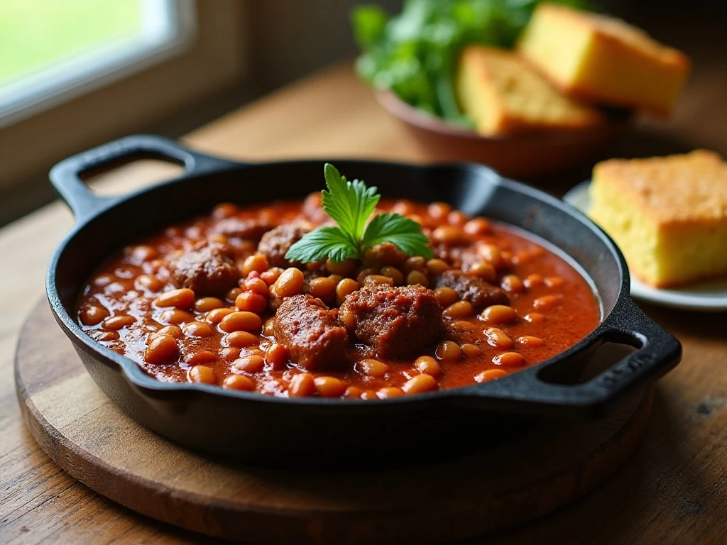 Newlywed beef and bean skillet served with cornbread and salad