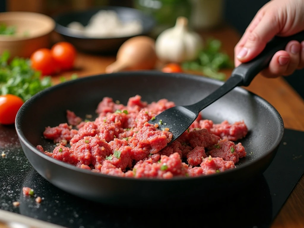 Ground beef and onion cooking in a skillet