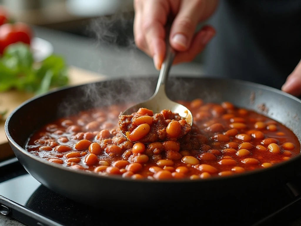 Beef and bean mixture simmering uncovered in a skillet