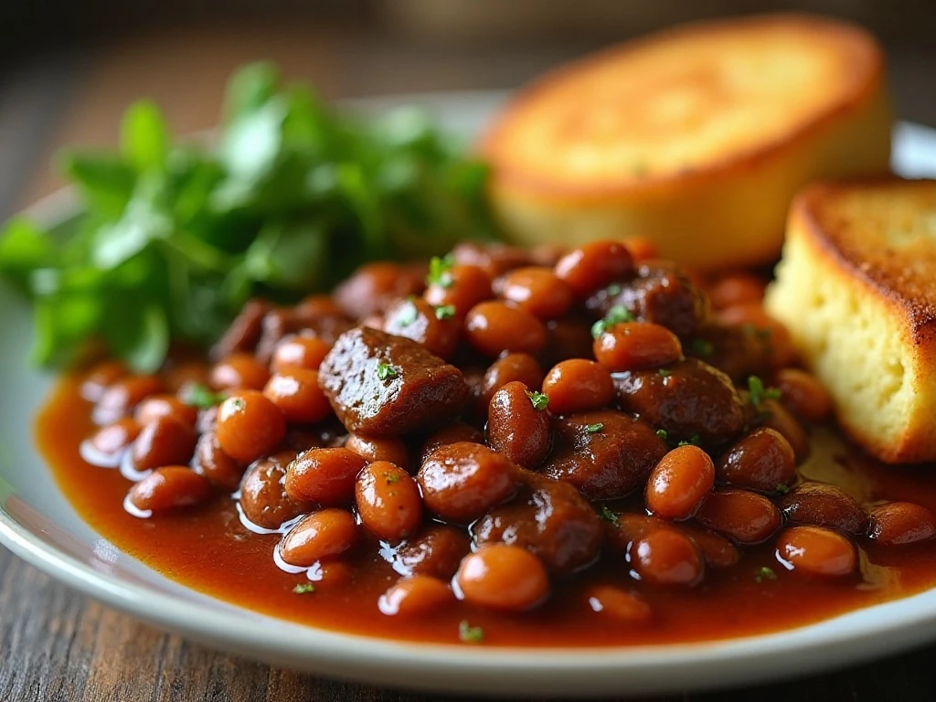 Beef and beans served with cornbread toast and salad
