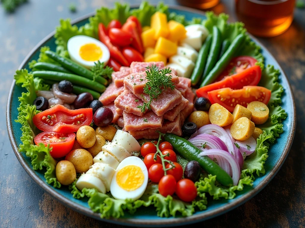 Colorful Niçoise salad arranged on a platter with tuna, eggs, potatoes, green beans, tomatoes, and olives