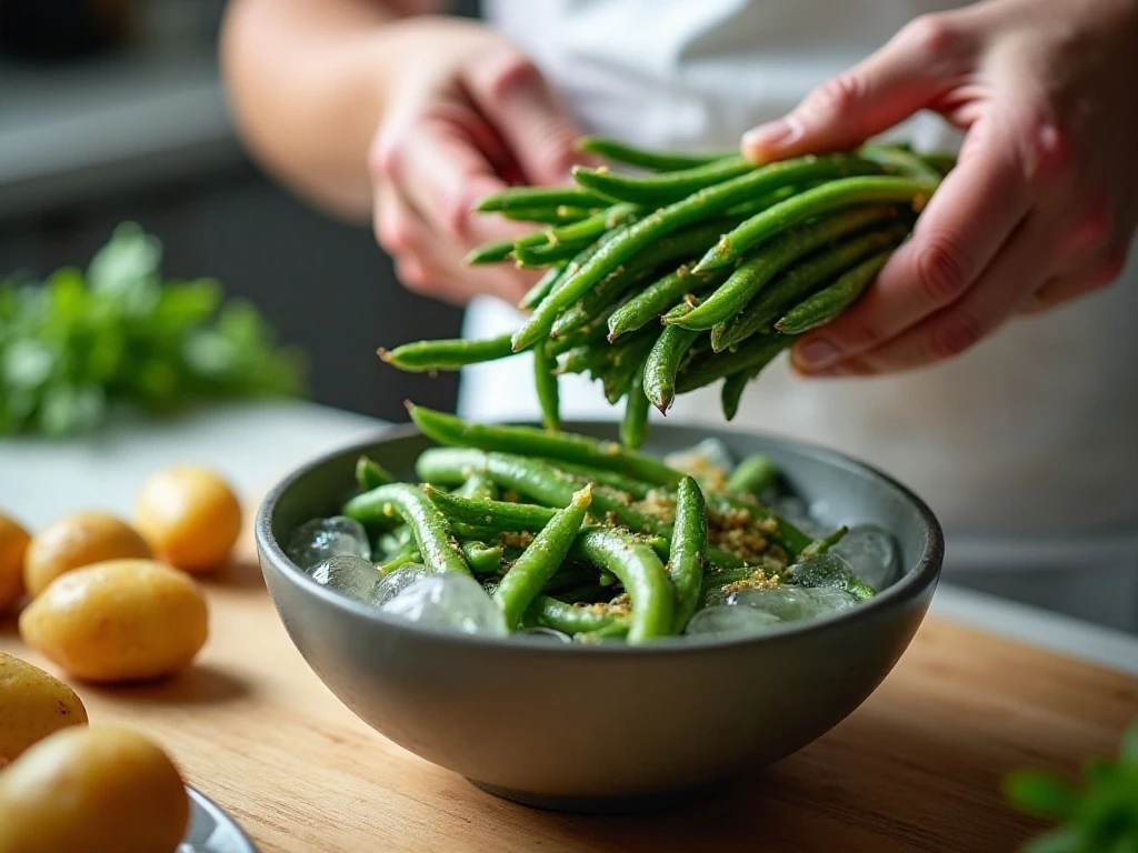 Green beans cooling in ice water during Niçoise salad preparation
