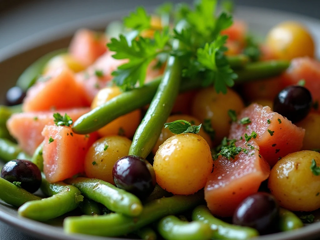 Close-up of seasoned potatoes, green beans, tuna, olives, and herbs in Niçoise salad