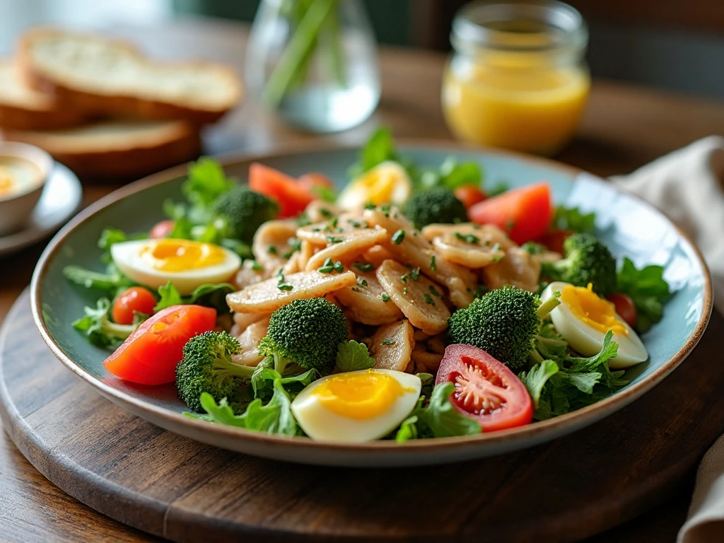 Niçoise salad served with extra vinaigrette and crusty bread