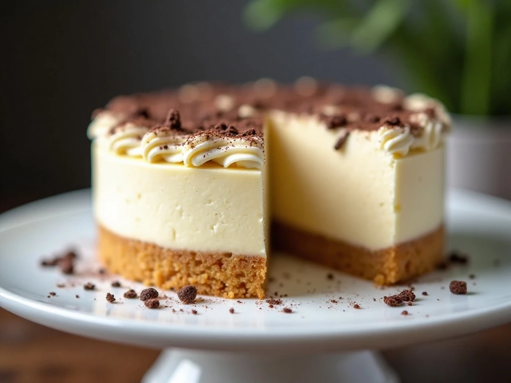 Whole no-bake Baileys cheesecake with whipped cream and chocolate shavings