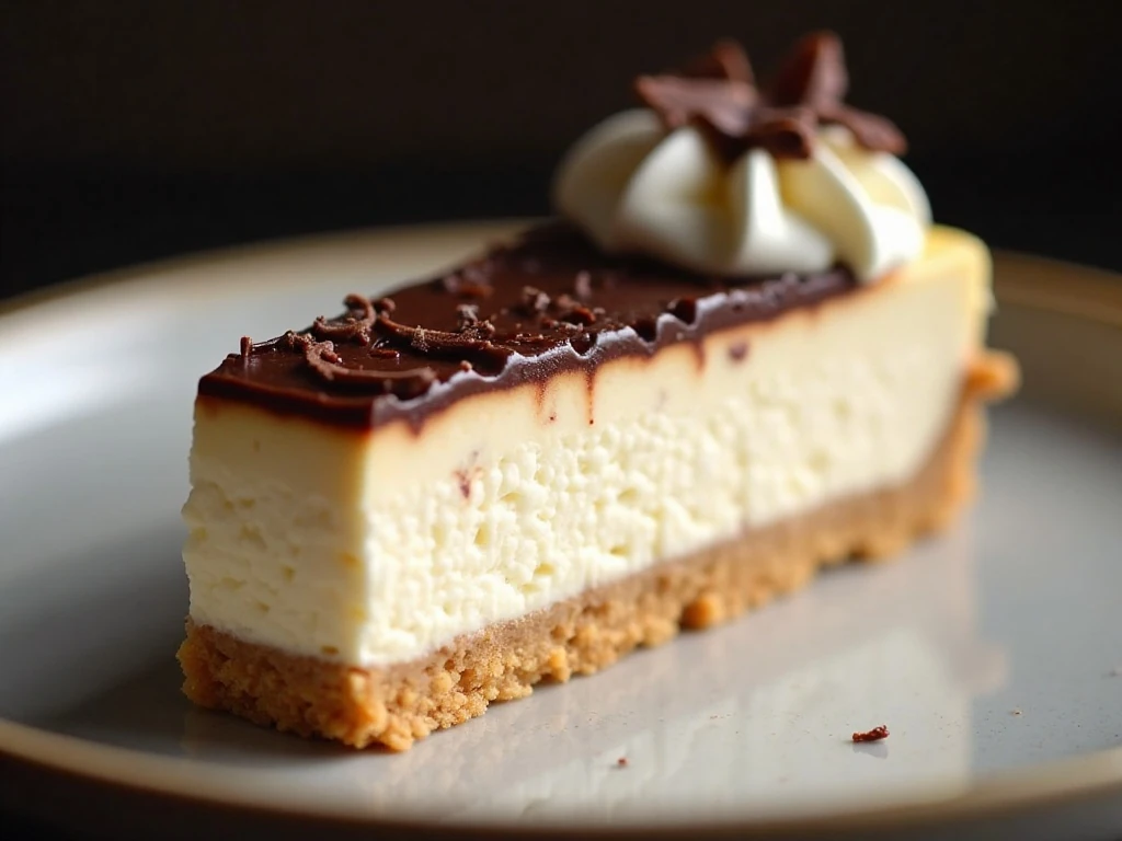 Close-up slice of Baileys cheesecake with chocolate curls