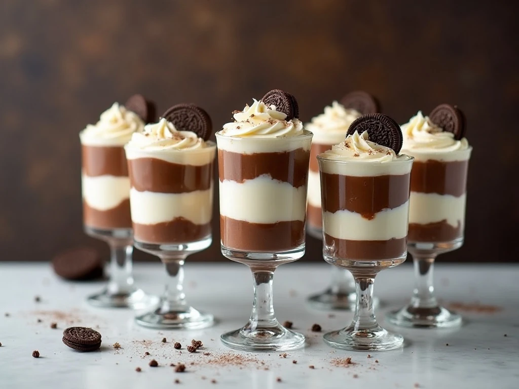 Six layered Baileys Irish Cream pudding parfaits ready to serve