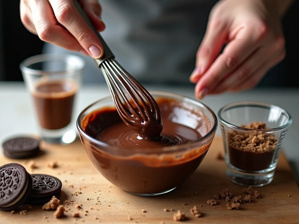 Preparing chocolate pudding and Oreo crumb layers for parfaits