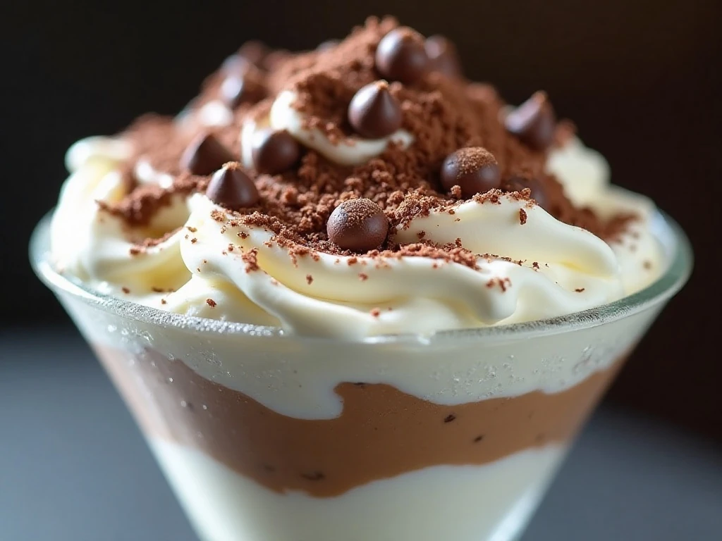 Close-up of chocolate garnished Baileys pudding parfait