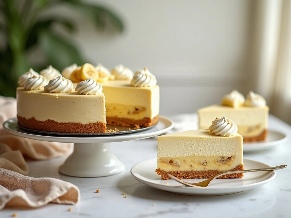 Whole no-bake banana cream cheesecake with two slices served beside it