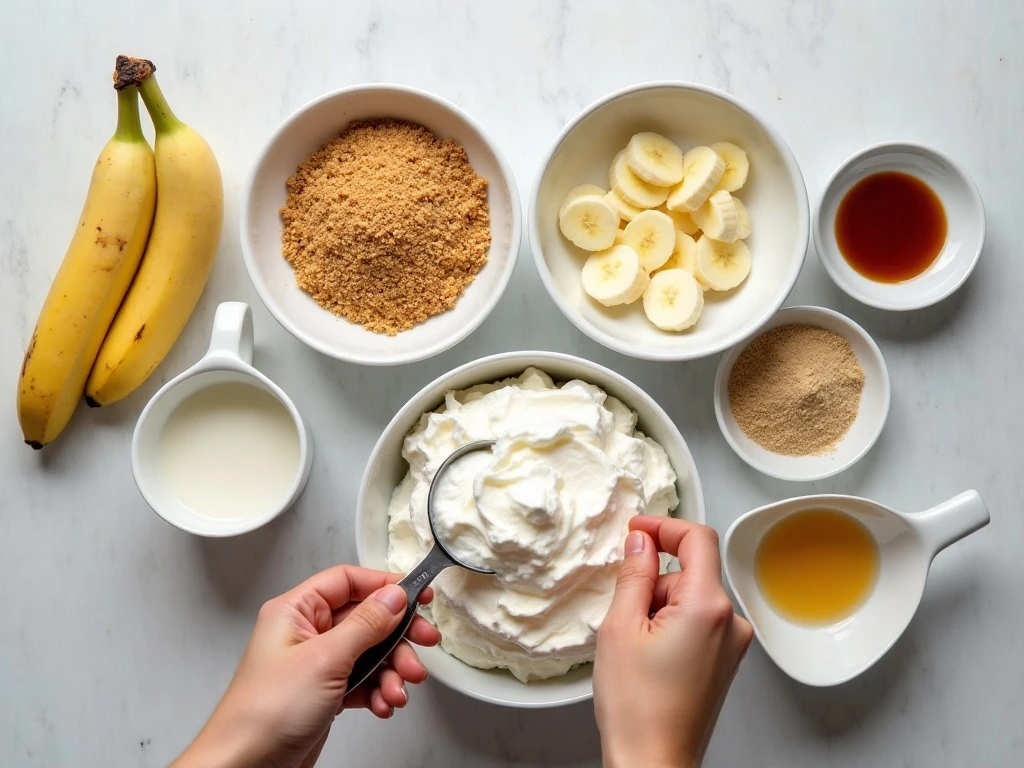 Ingredients for easy no-bake banana cream cheesecake