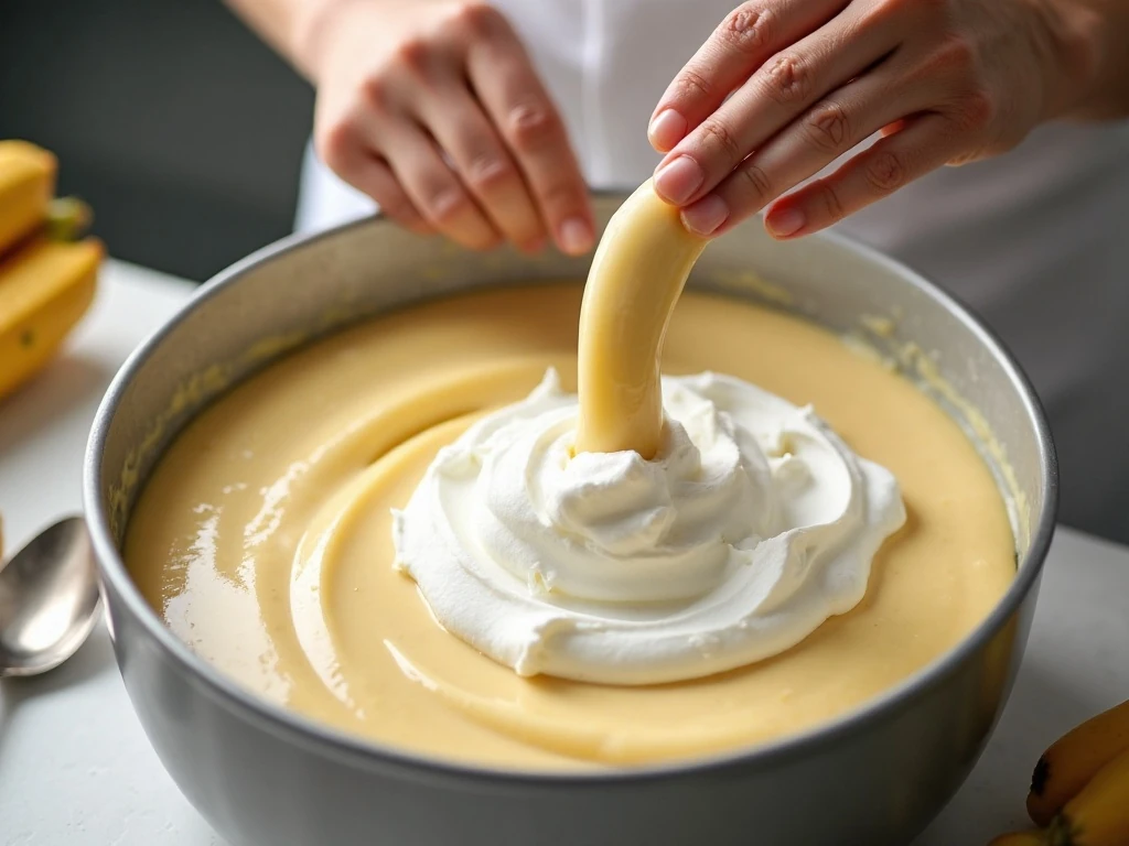 Folding whipped topping into banana cheesecake filling